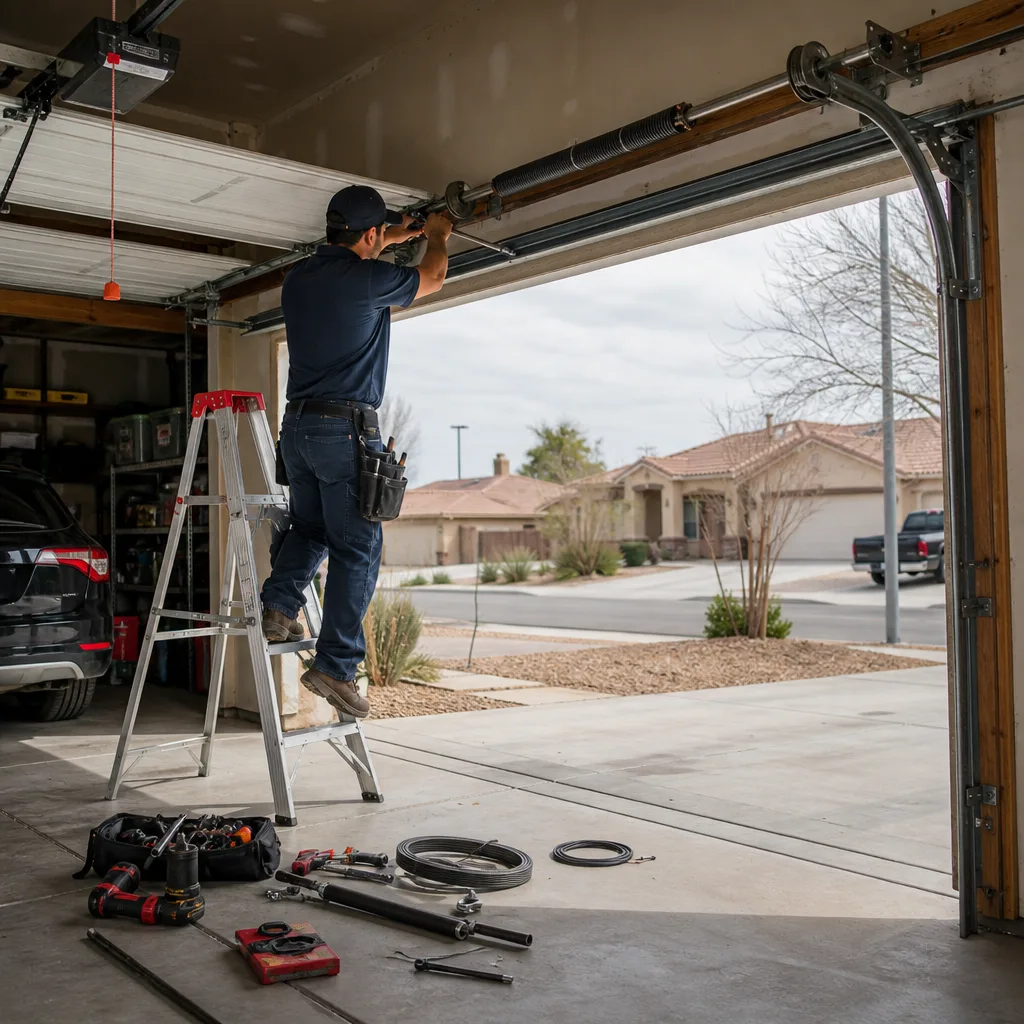 Professional technician repairing garage door torsion spring and hardware.