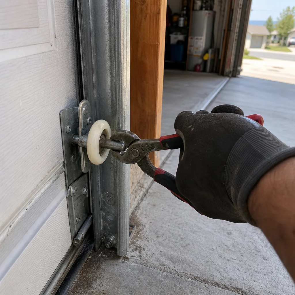 Technician using pliers to repair a residential garage door roller