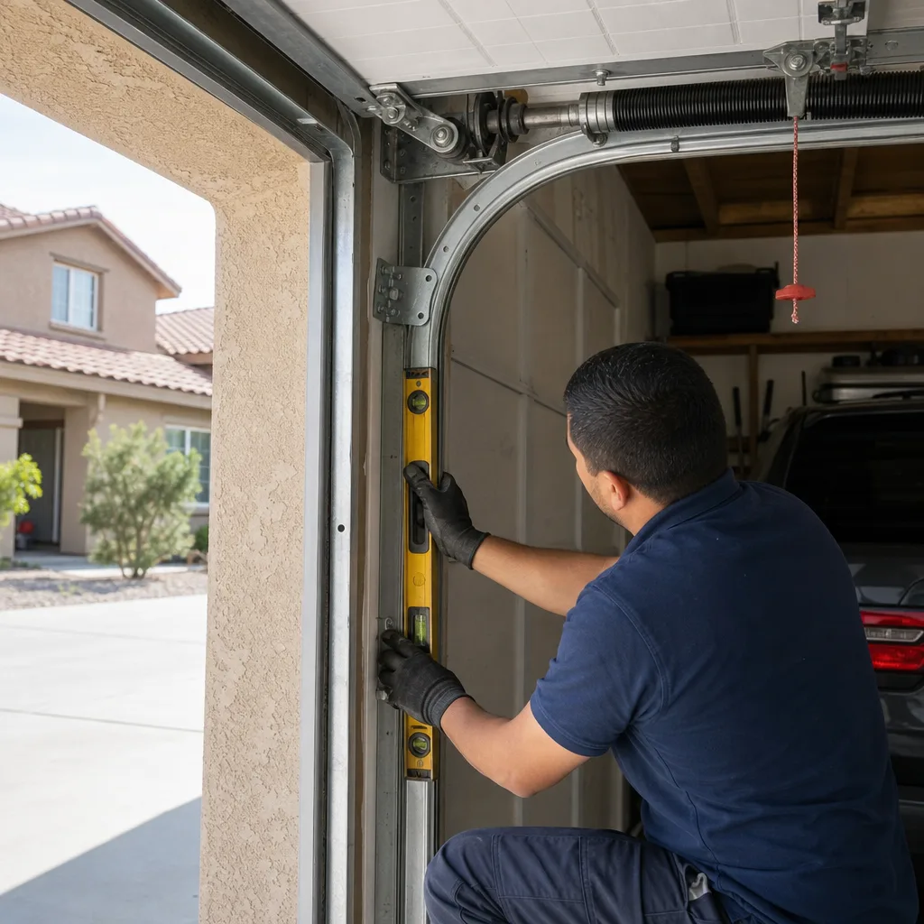 Technician using a level for residential garage door track repair