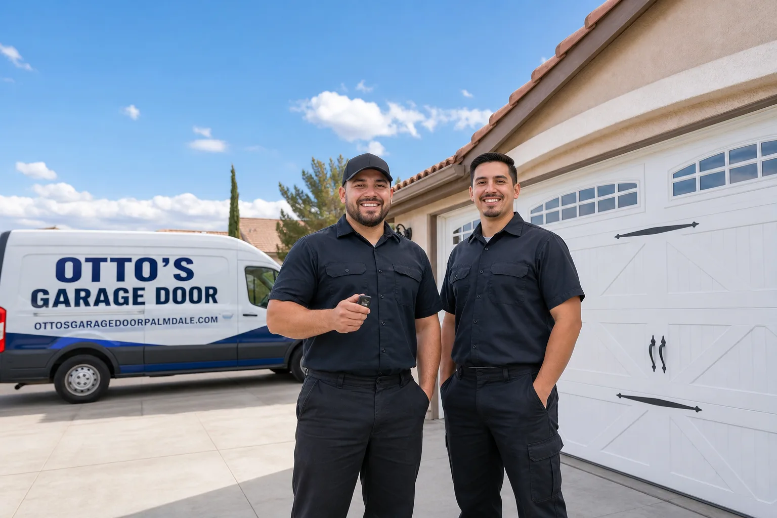 Otto's Garage Door garage door service vehicle and crew in Palmdale, CA